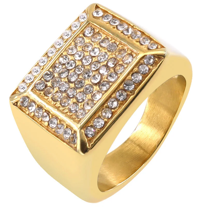 Men's Diamond Ring 18k Gold Plated Stainless Steel Jewelry Zircon Ring ...