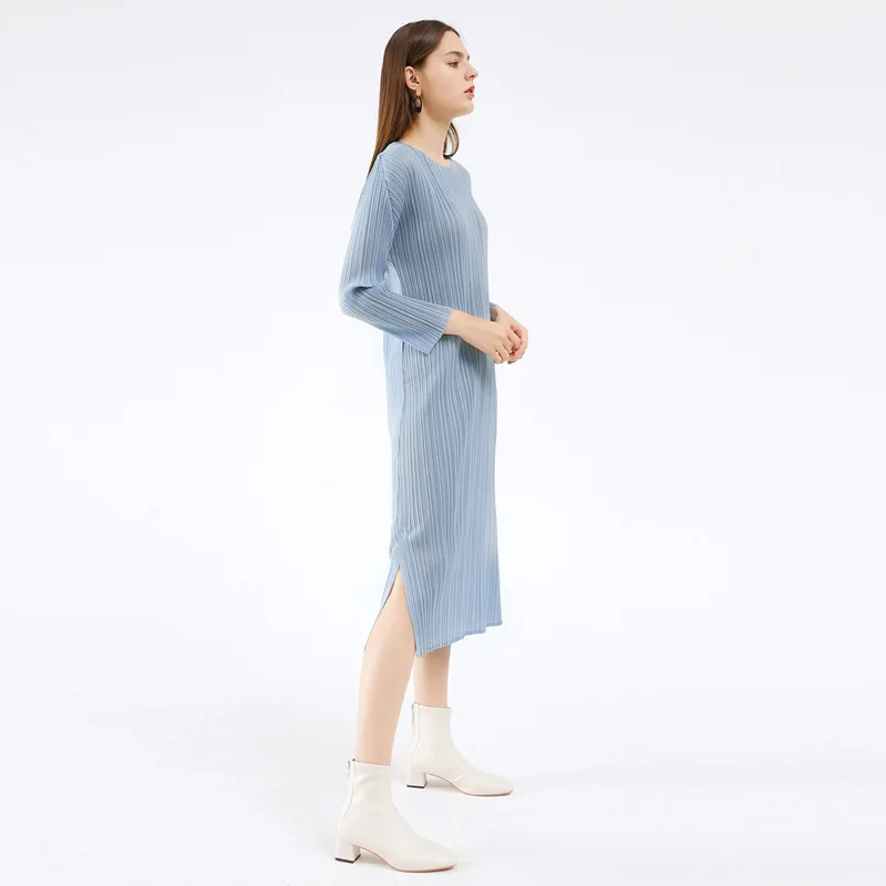 Pleated Basic Long Sleeve Solid Color Dress Women's Mid-Length Simple Slim Fit Slit Spring and Autumn Base Skirt