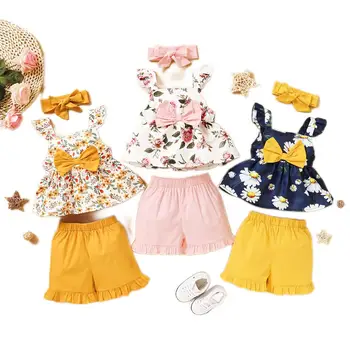 Hot Style baby clothes Short sleeve Small Floral Halter Top Solid Color baby girls 3PCS Sets