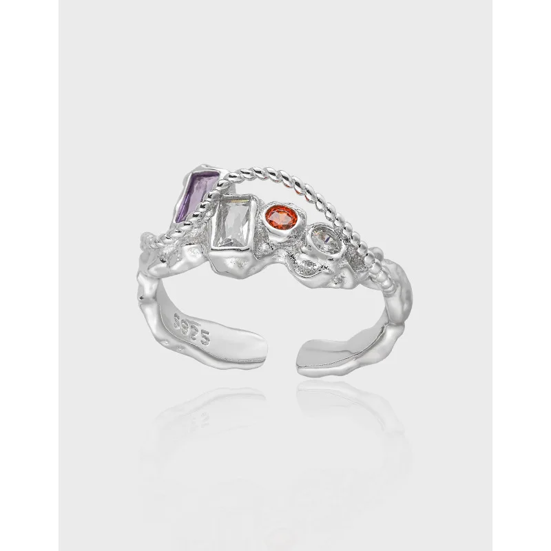 Korean Version of Niche Sweet and Cool Personalized Chain Design with Colorful Zircon Inlay S925 Pure Silver Open Ring for Women