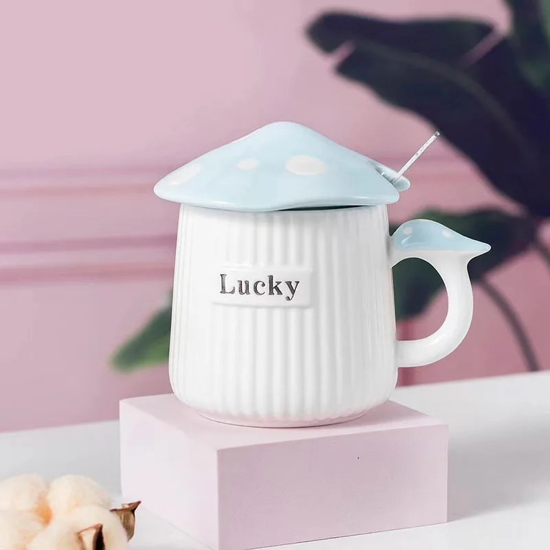 Factory Direct Selling Japanese Style Cute Mushroom Gift Cup Creative Relief Ceramic Coffee Cup With Lid Spoon