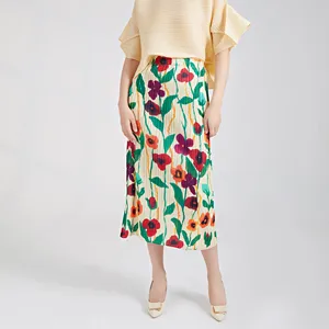 Hot Selling Miyake Pleated Midi Skirt 2023 Summer New Vintage Print Straight Pencil Skirt