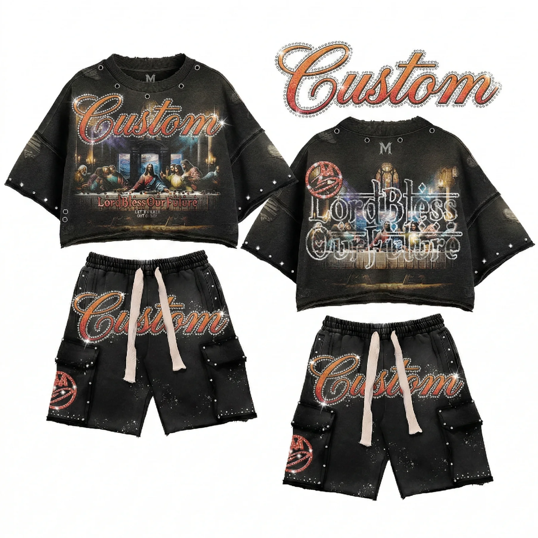 Wholesale Boxy Fit t Shirt  Distressed Vintage Cotton Rhinestone Tshirt and Shorts Tracksuit Washed Custom T-Shirt Set  for Men