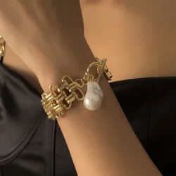 Classic Irregular Imitation Pearl Bracelets for Women Fashion Cuban Thick Chain Bracelet Charm Bangles Hip Hop Punk Jewelry Gift