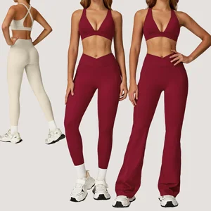 Wholesale Custom Logo Women's 2 Piece Yoga Set with Cross Back Sports Bra High Waist Pants Gym Workout Fitness Sports Outfits