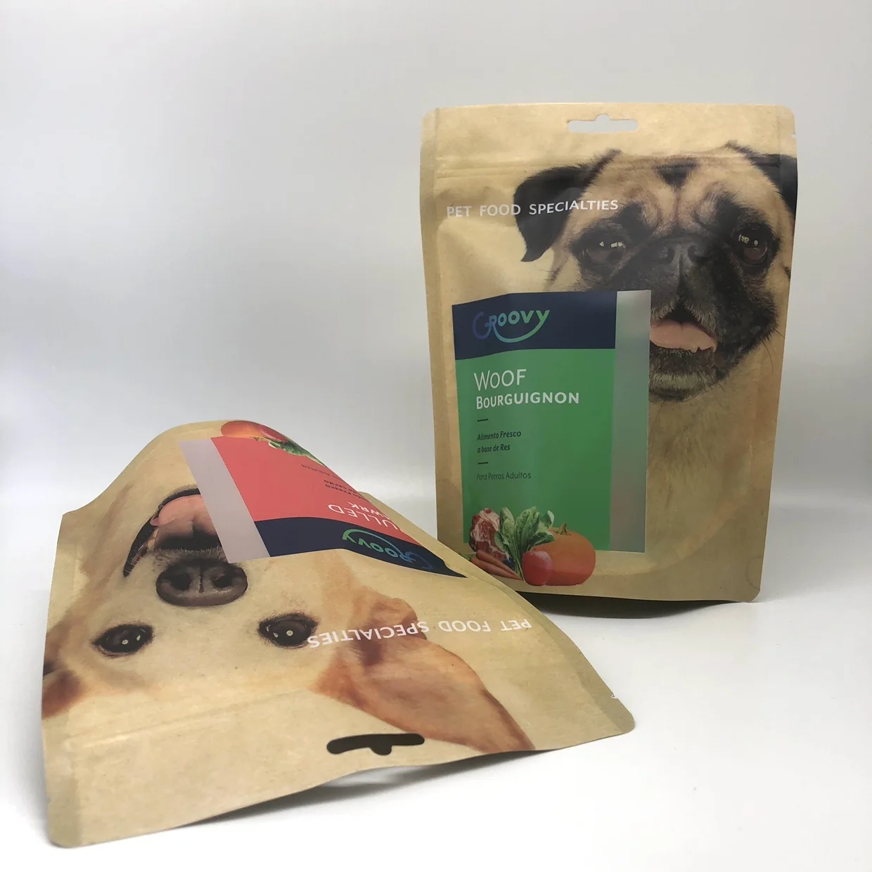 定制印刷可重新密封牛皮纸袋立起ziplcok塑料包装袋,用于宠物狗猫食