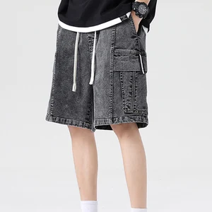 Vintage Light Wash Men's Loose Drawstring Cargo Denim Shorts Breathable Knitted Mid Waist Casual Style for Summer