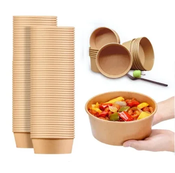 Custom Large Bamboo Brown Kraft Paper Disposable Salad Bowls with Pet Lids for Cookie Bread Hamburger Food Serving