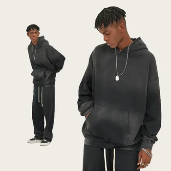 High Quality Unisex Men's Heavy Weight Hoodie Custom Logo Vintage Washed Distressed Oversized Pullover Plain Cotton