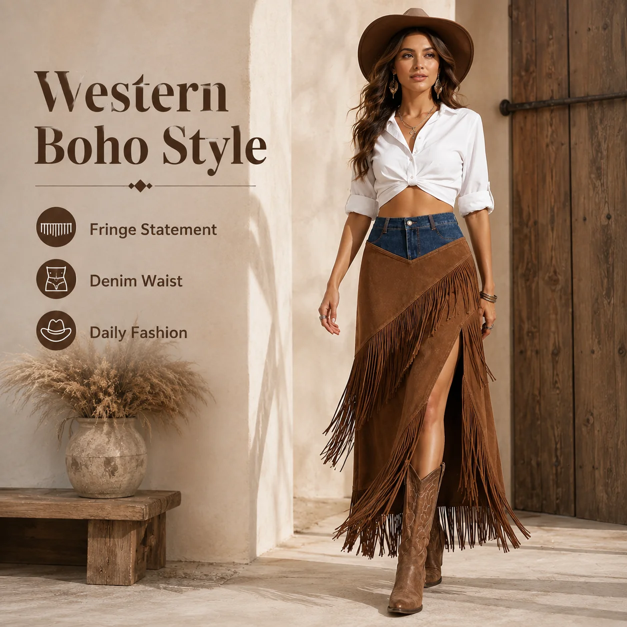 Hot Sale Empire Waist Vintage Tassel Beaded Anti-Wrinkle Mid-length Spliced Denim Hem Irregular Suede Skirt