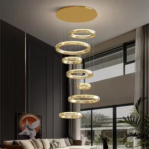 New Design Staircase Villa Large Crystal Luxury Ring Led Pendant Lights Round Circle Ring Hanging Chandelier Large
