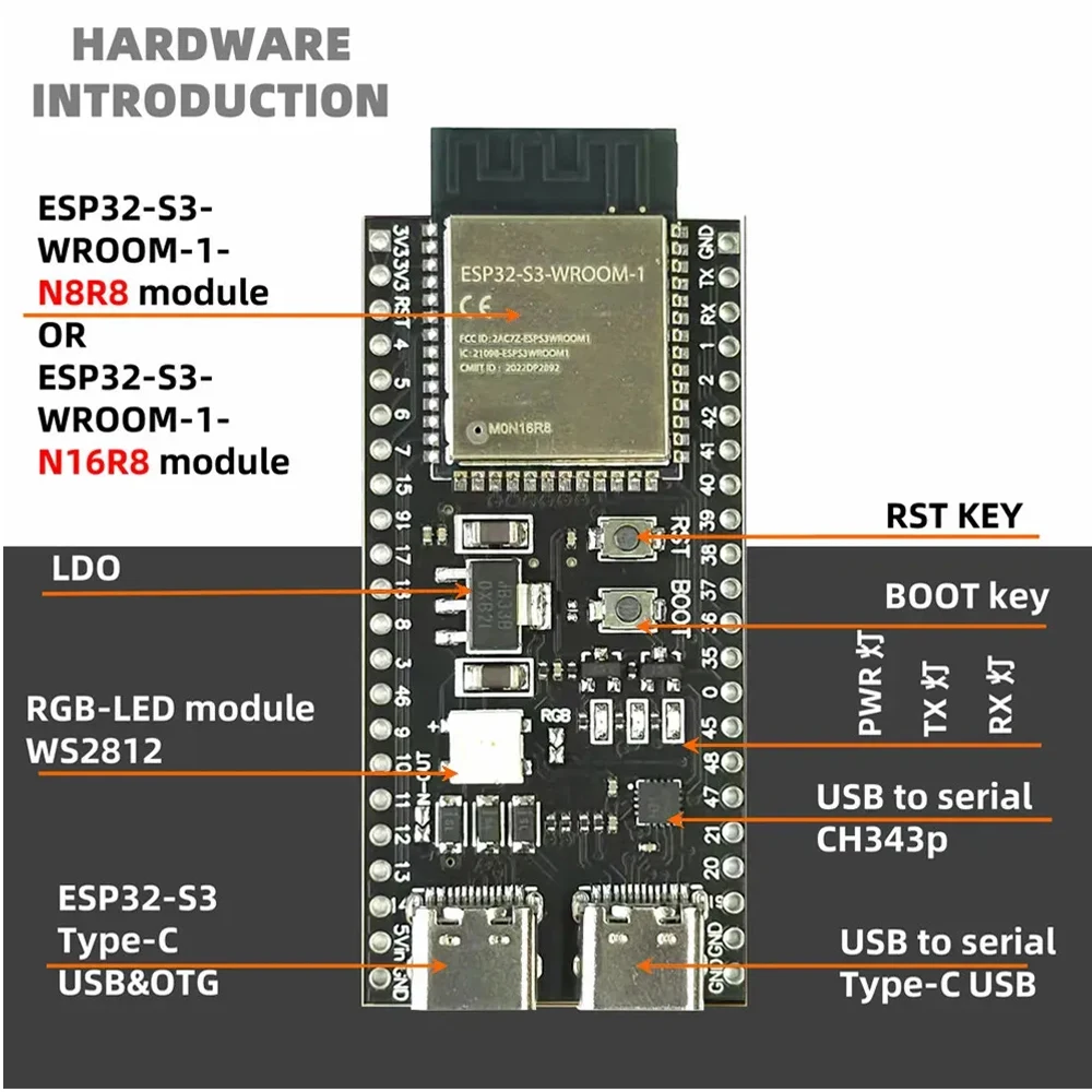 product esp32 s3 development board 24g wifi module for arduino esp idf esp32 s3 wroom 1 n8r2 n16r8 44pin type c 8m psram esp32 s3-0