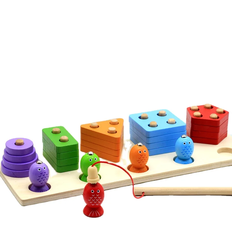 Деревянные блоки, сортировка, гнездо, штабелирование, рыбалка, Обучающие игрушки Монтессори, игрушка для ловли рыбы