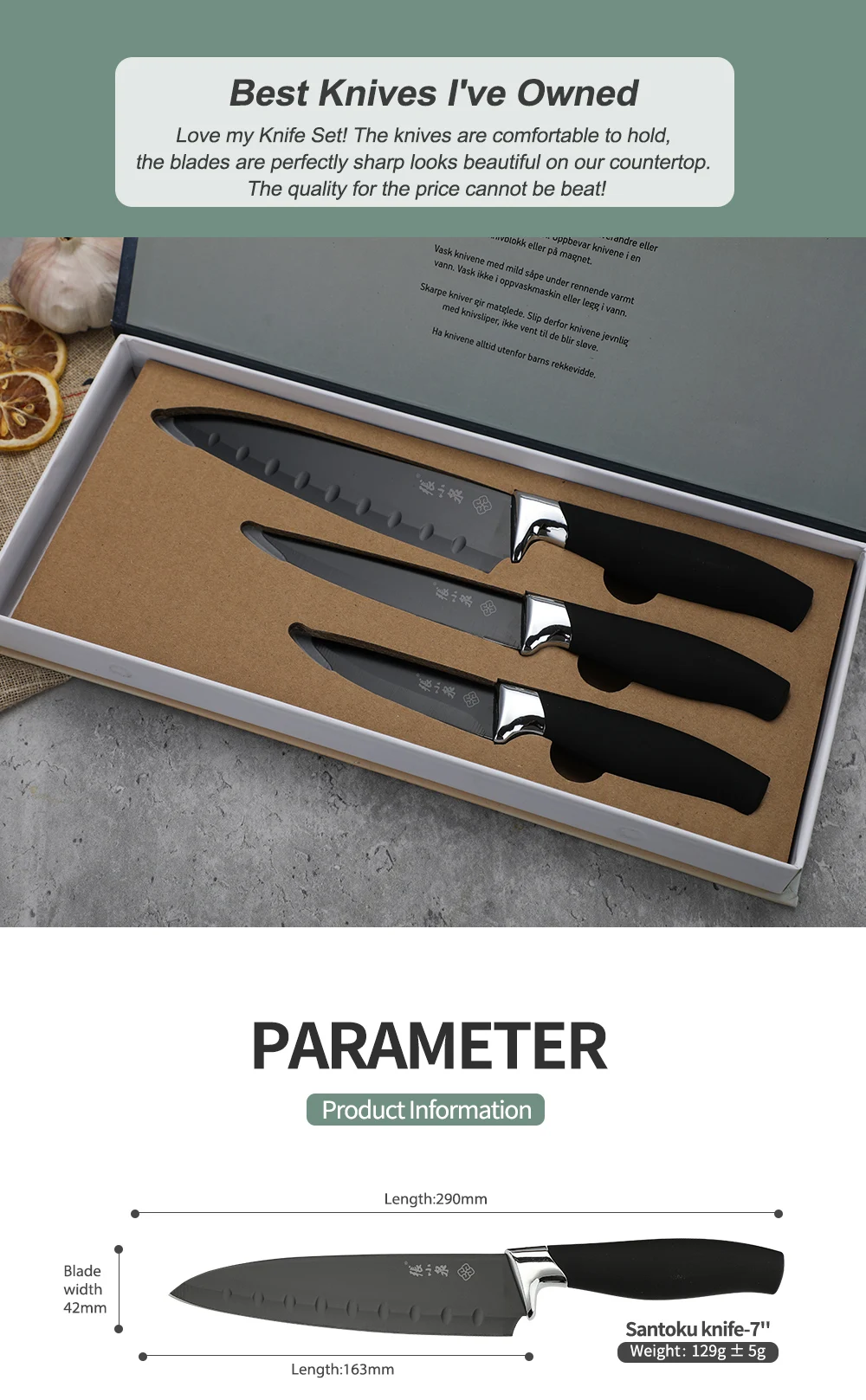 Factory Price 3pcs Chef Knife Set Stainless Steel Blade Contoured
