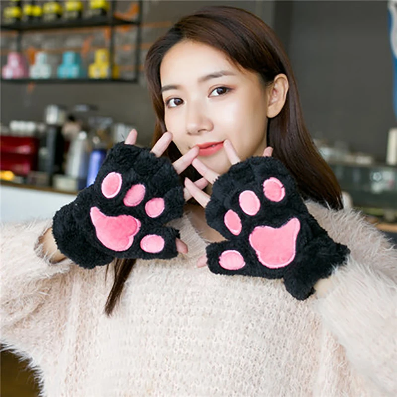 unimango mujeres invierno diseño de gato de oso de peluche Paw Claw guante medio dedo   Guantes manoplas 