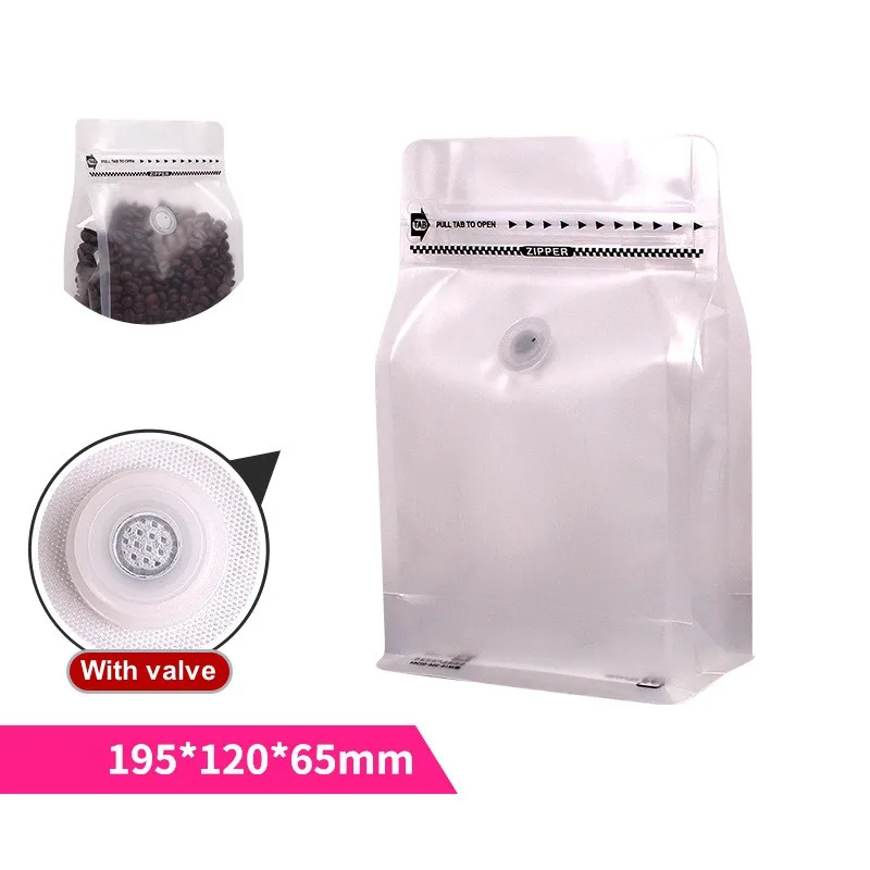Custom Plastic Matte Frosted Transparent Clear Flat Bottom Translucent Coffee Bean Bags Packaging 250G With Valve and Zipper