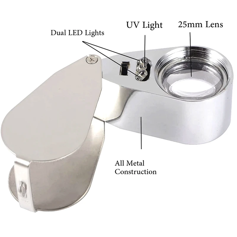25mm Lens 40X Metal Illuminated Jewelry Loupe Magnifying Glass for Currency Detecting Jewlers Identifying