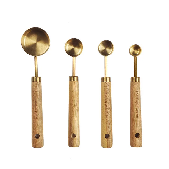 Old-Fashioned Kitchen Baking Tool Set Cafe Scoop with 15ml Capacity Wooden Handle Measuring Cup Spoons Gold Vintage Style