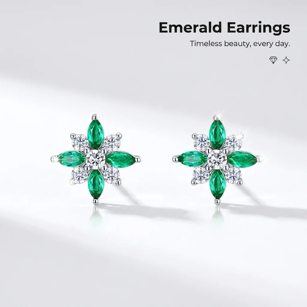 Floral Emerald Stud Earrings Marquise Cut Green Flower Earrings for Women Party Gift