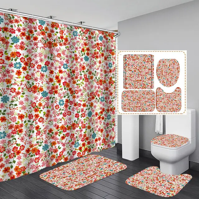 Custom Design Printed Bathroom Set Flower Decoration Shower Curtain Set 4 Pcs for Bathroom