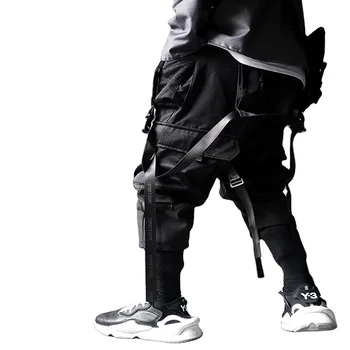 Men Harajuku Streetwear Tactics Pants Ribbon Multi Pocket Trousers US Size Hip Hop Black Cargo Pants