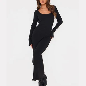 Hot Selling square Neck Women Long Sleeve Rib Knit Dresses Custom Solid Color Slm Fit Ladies Piquet Hem Bodycon Maxi Dress