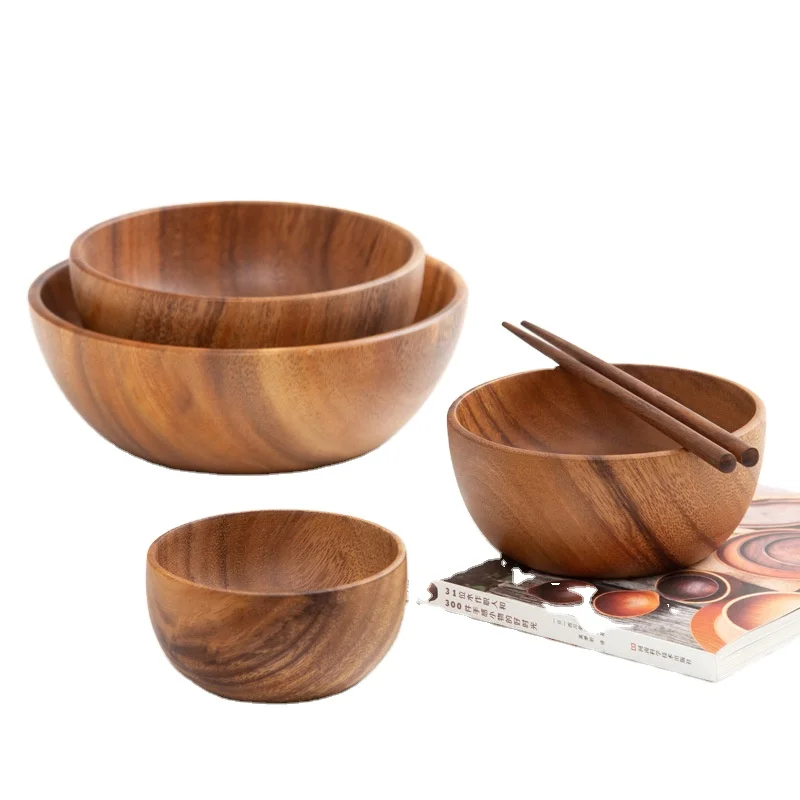 16 * 7cm Solid Wood Bowl Natural Hand-Made Classic Large Round Acacia Wood Salad Soup Dining Bowl Eco Friendly Premium Wood Kitchen Utensils 