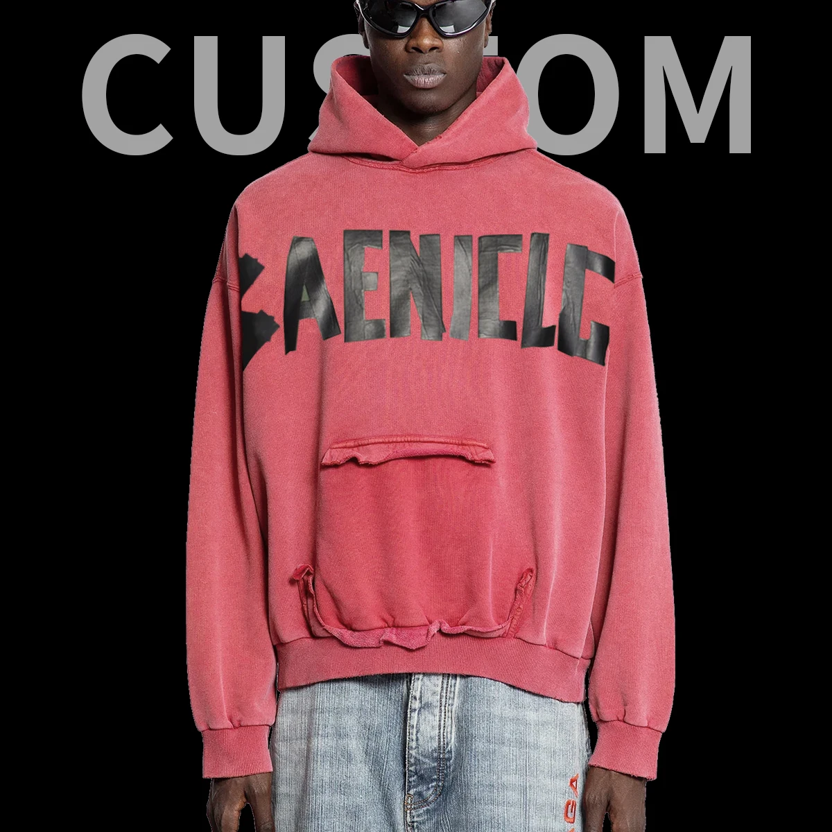 Custom Men's  Cotton French Terry Hoodie Heavyweight Oversized Distressed Acid Wash Streetwear Pullover Plain Hoodie for Men