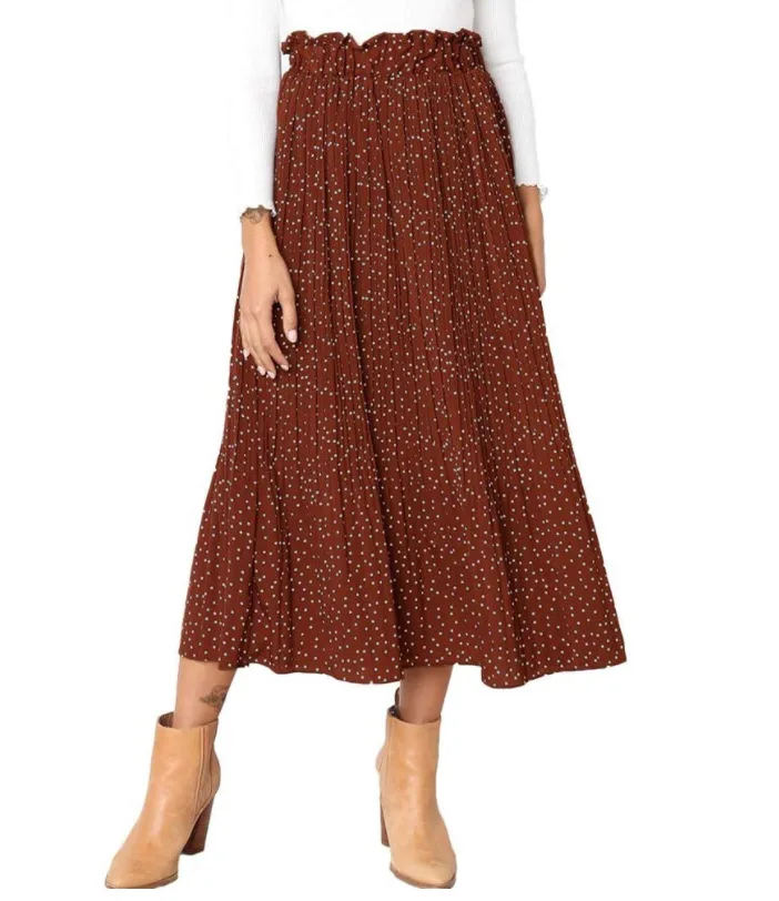 womens high waist polka dot pleated skirt midi maxi swing skirt