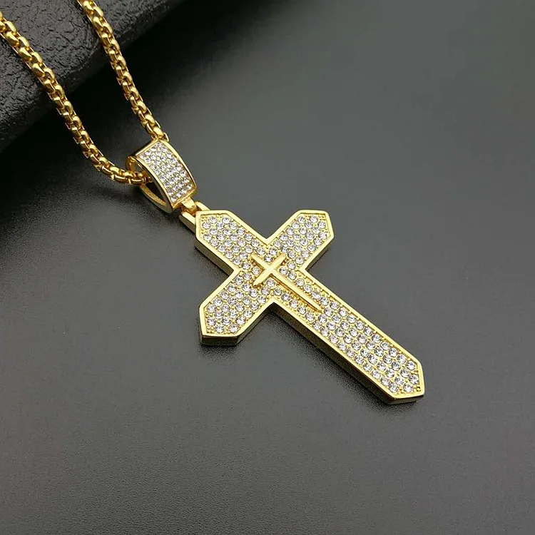 High Quality Cut Design Hip Hop Gold Plated Stainless Steel Rhinestone Crystal Stone Jesus Cross Pendant Necklace Women Men