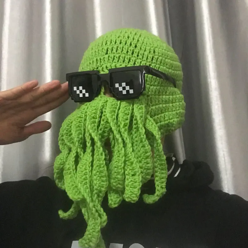 Men Barbarian Vagabond Knit Beanie Original Funny Foldaway Beard Octopus  Pirate Hats Crochet Bearded Caps Costume Squid Mask