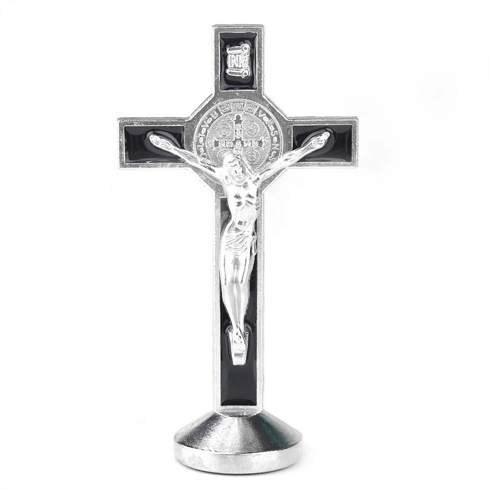 Small Table Jesus 80X42mm Cross Standing Crucifix  Metal Magnet Saint Benedict Car Auto Cross Crucifix  Statue with Base