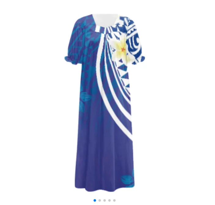 Latest Design Customized Micronesia Mumu Dress Women Plus Size Blue Fancy Bubble Sleeve Square Collar Loose Midi Dresses 5XL 6XL