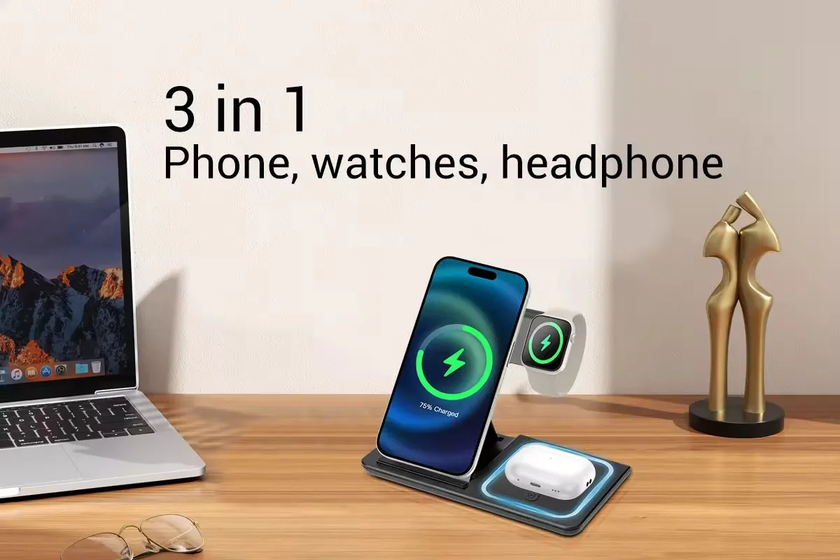 Folding 3-in-1 Wireless Charger for iPhone, Earbuds, and Smartwatches