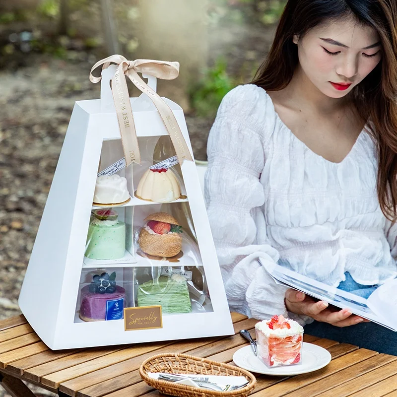 High-end Multilayer Trapezoid Afternoon Tea Dessert Shelf Transparent French Dessert Display Box with Handle
