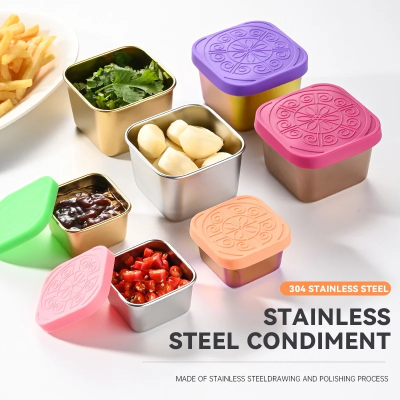 304 Stainless Steel Silicone Cover Kitchen Household Square Dipping Sauce Dish Portable Leakproof Lid Golden Sauce Cup 180ml
