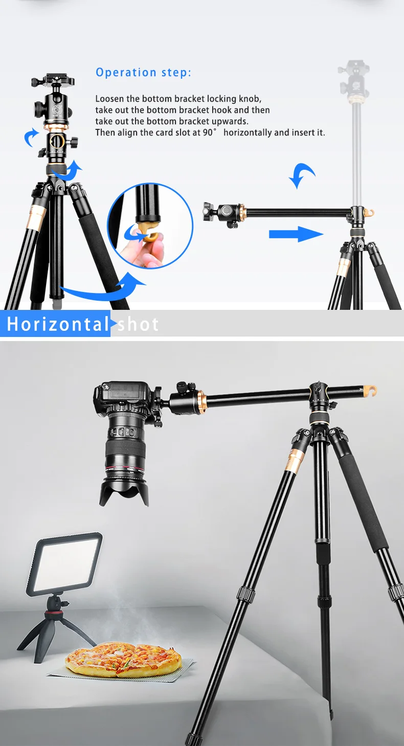 90-degree landscape professional aluminum 2-in-1 tripod monopod with two central axis, suitable for digital video SLR cameras
