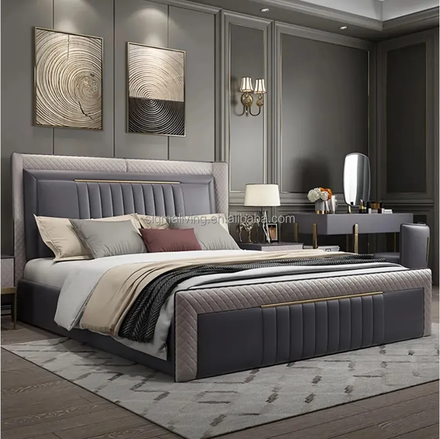 Modern frame wingback headboard upholstered cal king bed platform bed