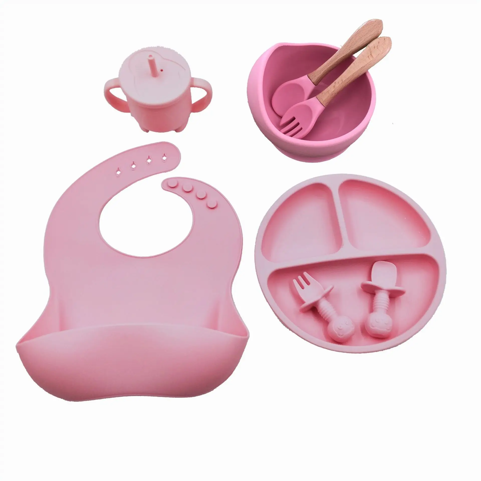 Hot selling silicone baby feeding tableware baby silicone bowl baby eating Bib dinner plate fork spoon water cup set