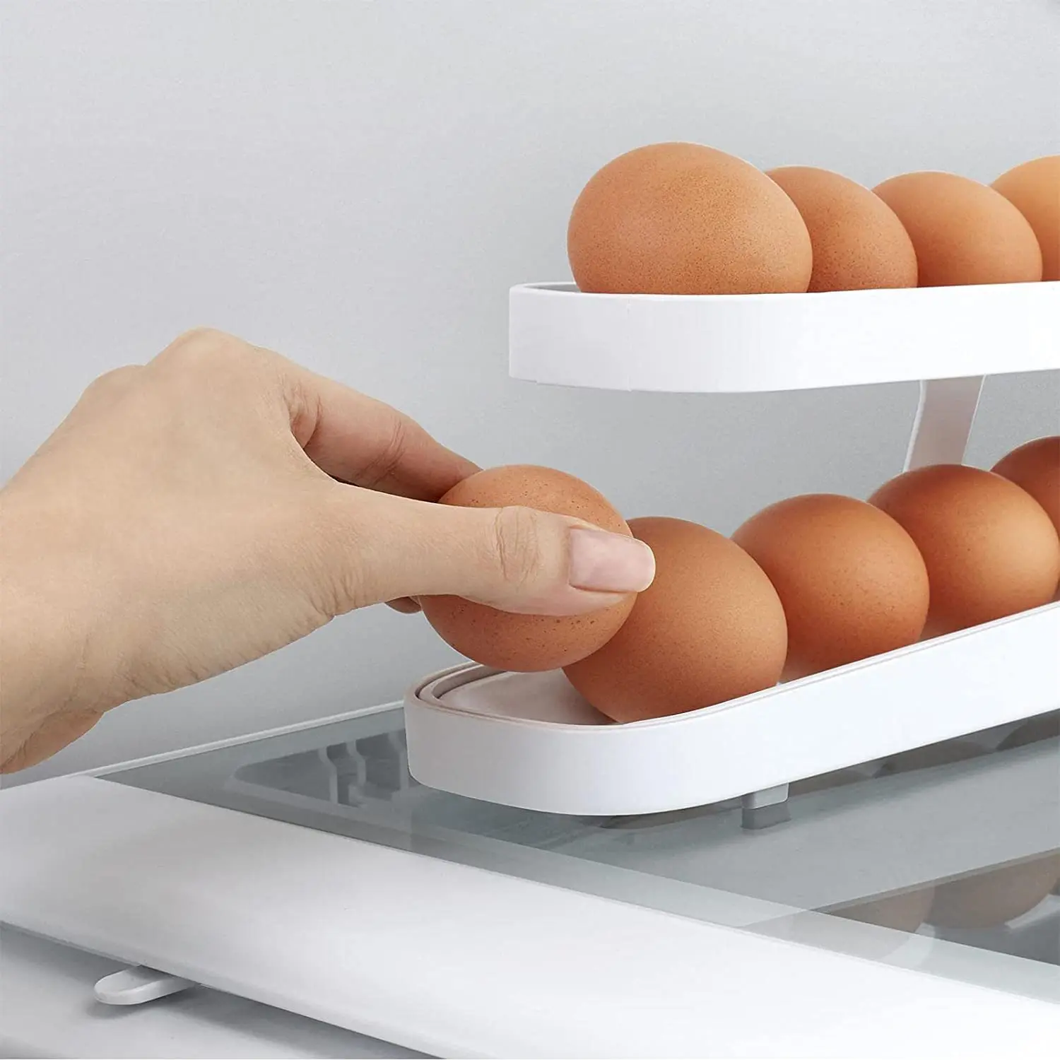 Plastic White Fridge Large Capacity Auto Rolling Egg Dispenser Organizers Rolldown Fridge Egg Holder for Refrigerator