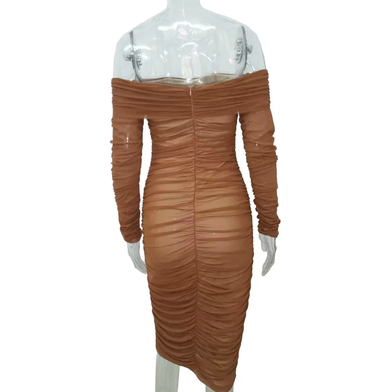 ZOYIAME New 2022 Spring Bodycon Dress Women Elegant Long Sleeve Club Dress Strapless Ruched Mesh Fall Bandage Dress for Ladies