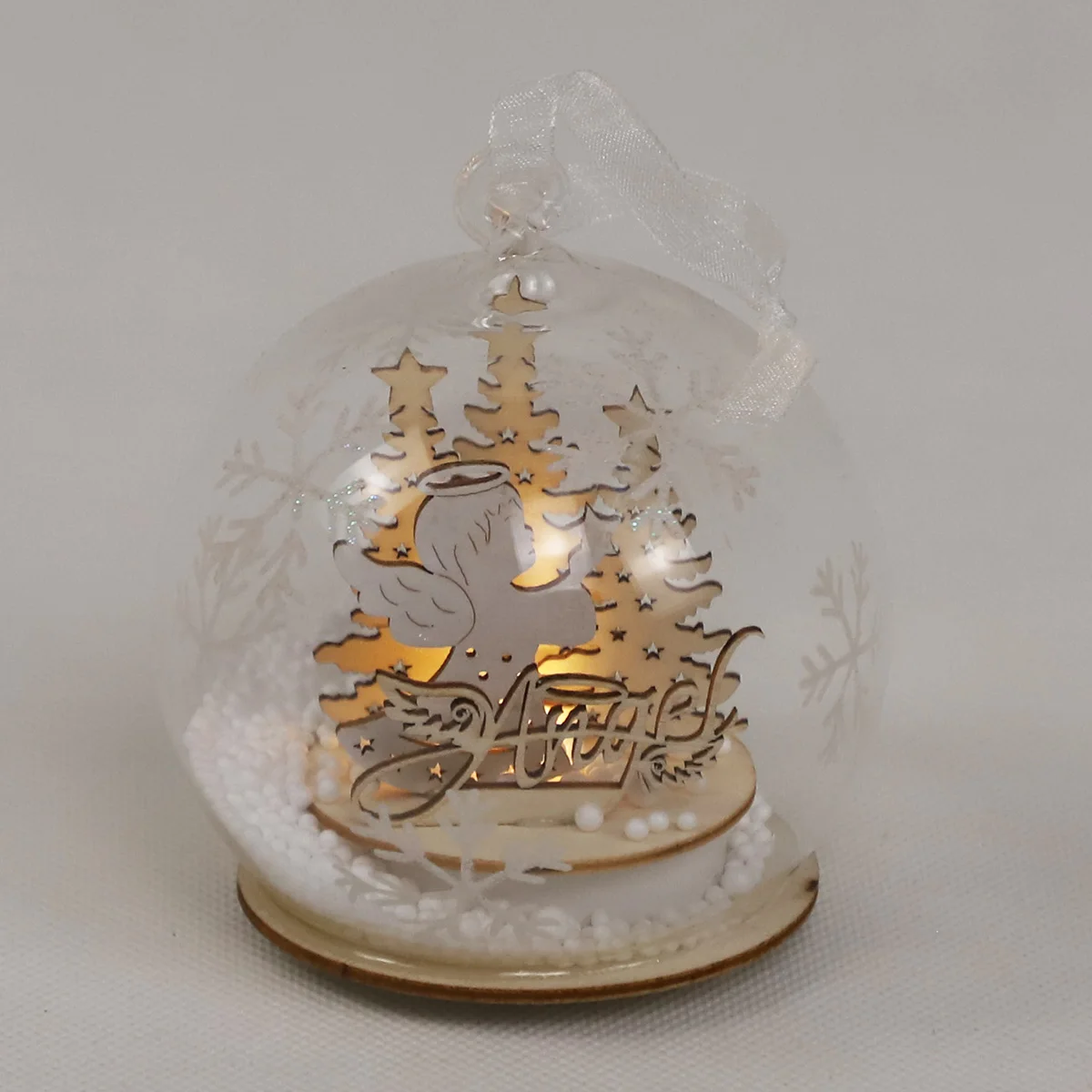 Wholesale personalized clear glass hanging Christmas tree0 large round wood ball ornament with wooden decoration inside