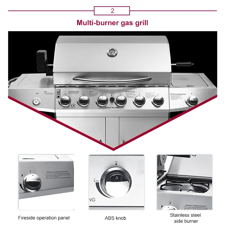 Household Commercial Outdoor Family Day Use 6 Burner+1 Side Burner Gas Grill with Cabinets Wheels Stainless Steel Gas BBQ Grill