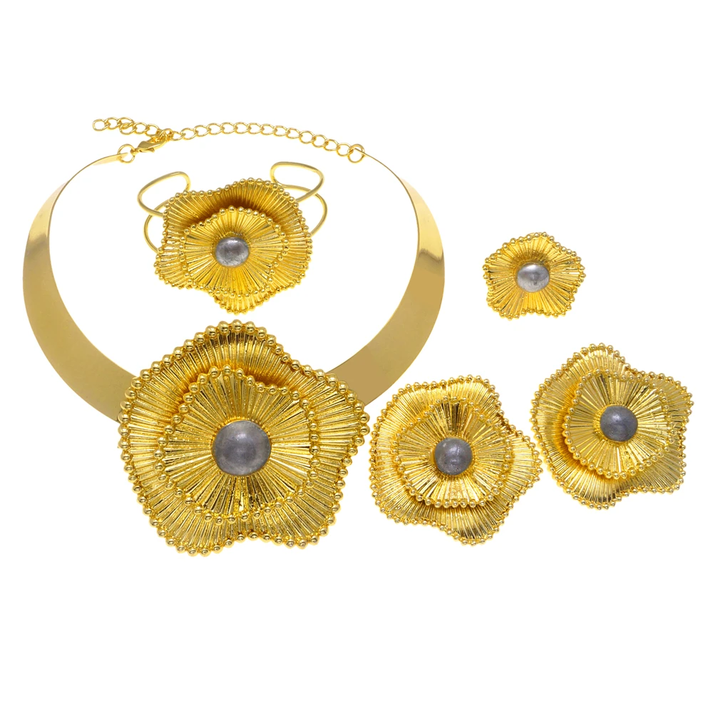 24k Gold Plated Dubai Jewelry Set Double Layer Flower Necklace CHD21396