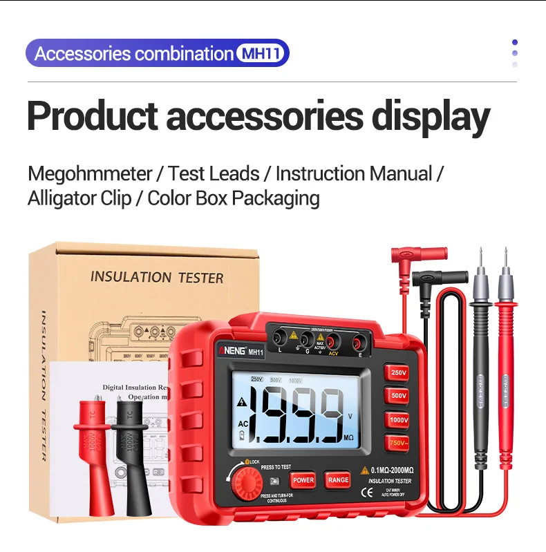 ANENG MH11 Insulation Earth Resistance Tester Digital Ground Resistance Meter Ohm Voltage Tester Megohmmeter 1999 Count