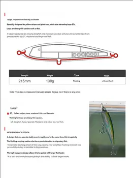 CHEERY 215mm 130g Metal Hard Bait Floating Pencil Surface Lure Ocean Boat Fishing River Lake Bass Tuna GT – Metal Jig – view 4