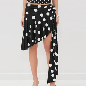 Wisrise Fashion New Custom Wholesale Women's Black & White Polka Dot Print Asymmetric Hem Wrap Mini Skirt