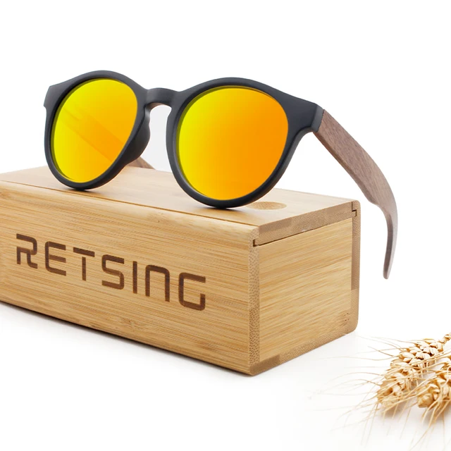Hot Selling Round Frame Wooden Sunglasses Bamboo Custom Logo Men Polarized Wood Sunglasses
