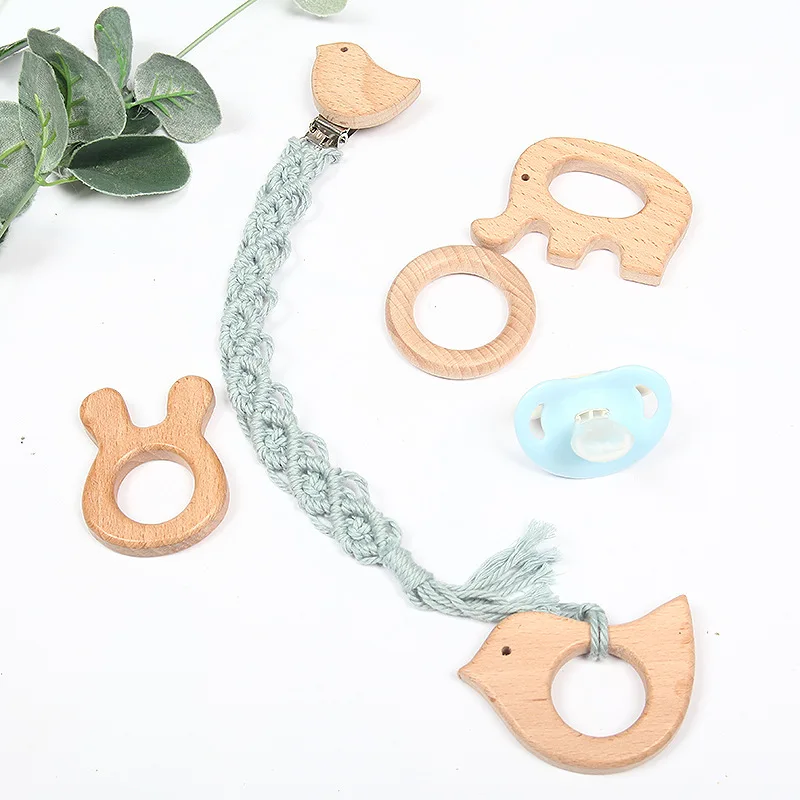 Cute Baby Pacifier Clip Wooden Cartoon Pacifier Holder Chain Woven
