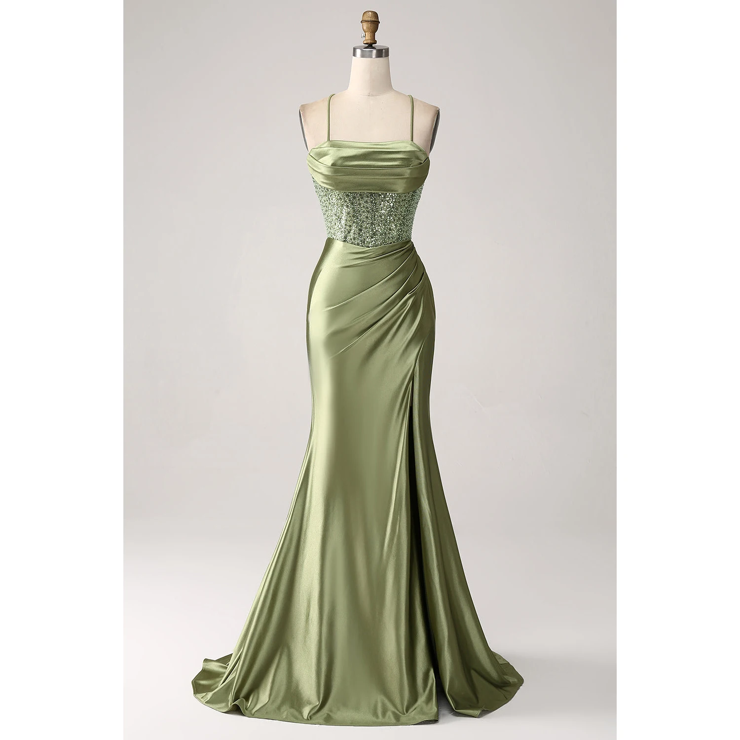 Army Green Mermaid Sequin Long Prom Dress With Slit